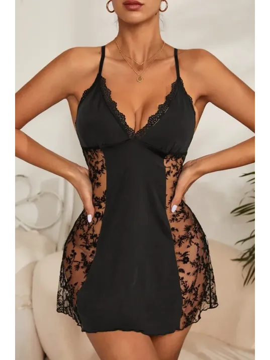 Kadın Siyah Çapraz Sırt Dekolteli Transparan Dantel Gecelik