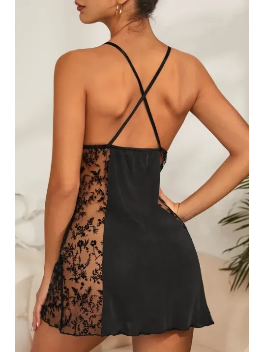 Kadın Siyah Çapraz Sırt Dekolteli Transparan Dantel Gecelik