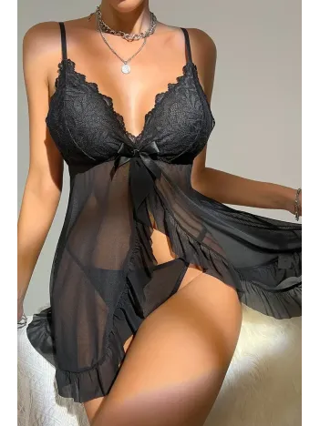 Kadın Siyah Dantelli, Fırfırlı Tül Ve Fiyonk Detaylı Tangalı Gecelik Takımı