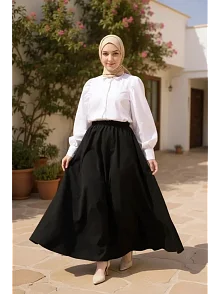 Kadın Siyah Double Kumaş Beli Lastikli Cepli Etek