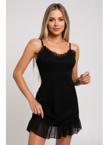 Kadın Siyah Etek Ucu Ve Göğsü Fırfırlı Tül Detaylı Gecelik – Modern Ve Şık Tasarım