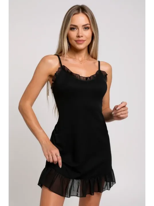 Kadın Siyah Etek Ucu Ve Göğsü Fırfırlı Tül Detaylı Gecelik – Modern Ve Şık Tasarım