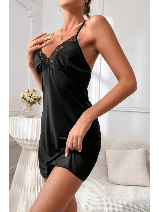 Kadın Siyah Göğüs Ve Sırt Kısmı Dantel Detaylı Özel Gecelik – Modern Ve Şık Tasarım