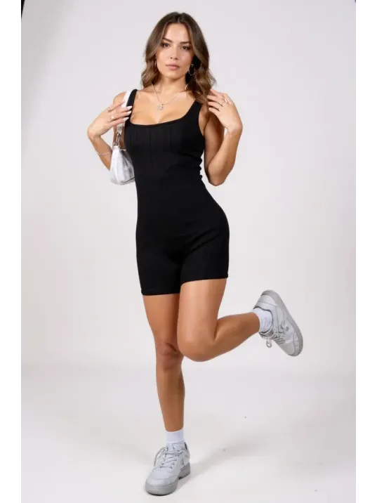 Kadın Siyah Kalın Askılı Şortlu Kaşkorse Tulum Gecelik – Modern Ve Şık Tasarım