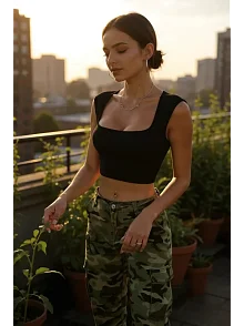 Kadın Siyah Kare Yaka Kalınlaşan Omuz Detaylı Crop Top Bluz