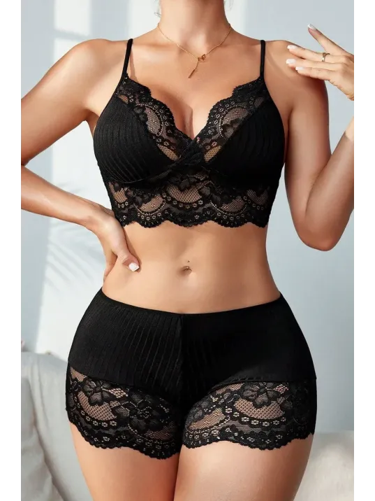 Kadın Siyah Kaşkorse Ve Dantel Detaylı Şortlu Gecelik Takım