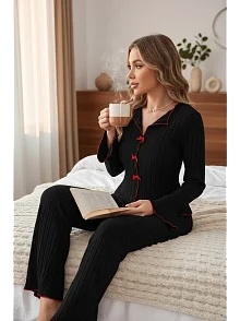 Kadın Siyah Kırmızı Biyeli Ve Fiyonklu Uzun Kollu Mevsimlik Pijama Takımı