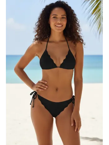 Kadın Siyah Pedli Bel Ve Boyundan Bağlamalı Dantelli Şık Bikini Takımı