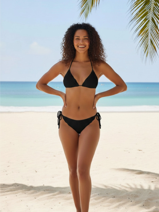 Kadın Siyah Pedli Bel Ve Boyundan Bağlamalı Dantelli Şık Bikini Takımı