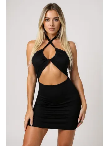 Kadın Siyah Sırt Ve Göğüs Dekolteli Boyundan Bağlamalı Gecelik – Modern Ve Şık Tasarım