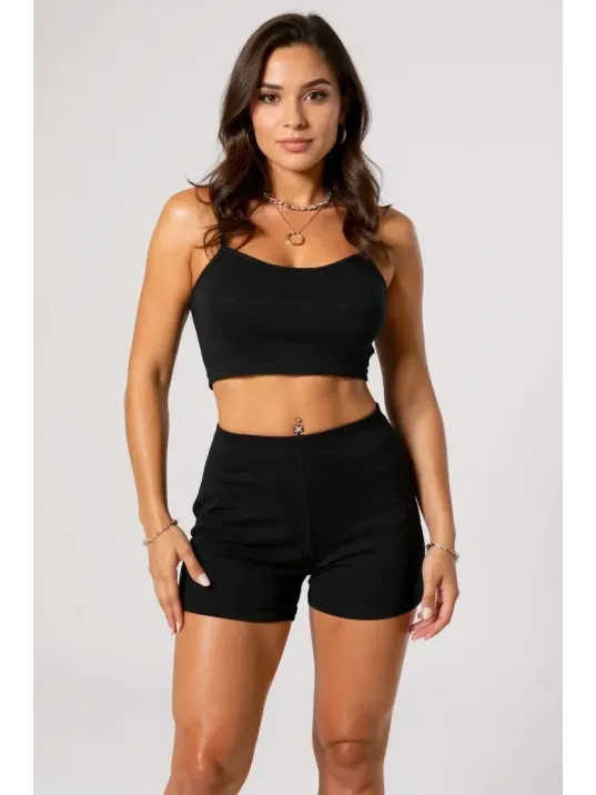 Kadın Siyah Şortlu Kaşkorse Gecelik Takım – Modern, Konforlu Ve Günlük Kombinlere Uygun