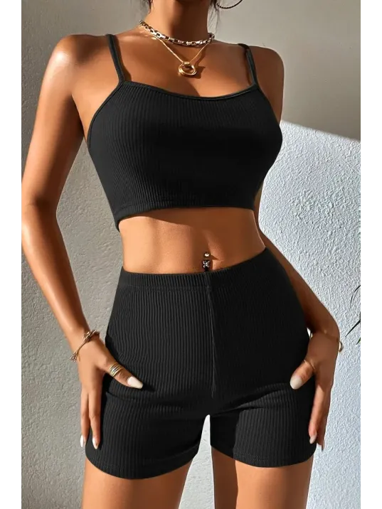 Kadın Siyah Şortlu Kaşkorse Gecelik Takım – Modern, Konforlu Ve Günlük Kombinlere Uygun