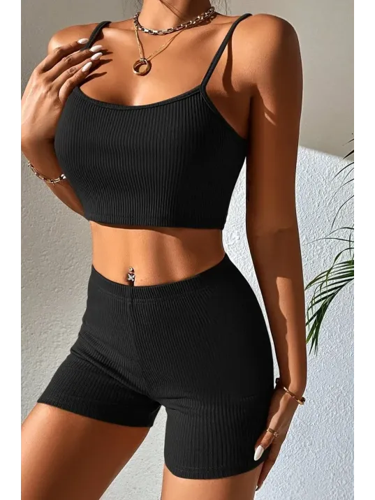 Kadın Siyah Şortlu Kaşkorse Gecelik Takım – Modern, Konforlu Ve Günlük Kombinlere Uygun