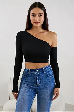 Kadın Siyah Tek Omuz Detaylı Uzun Kol Crop Top Bluz – Şık, Rahat Ve Kolay Kombinlenebilir