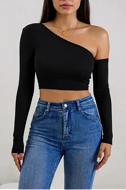 Kadın Siyah Tek Omuz Detaylı Uzun Kol Crop Top Bluz – Şık, Rahat Ve Kolay Kombinlenebilir Kadın Siyah Tek Omuz Detaylı Uzun Kol Crop Top Bluz – Şık, Rahat Ve Kolay Kombinlenebilir