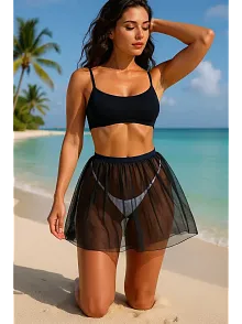 Kadın Siyah Tül Beli Lastikli Etek Görünümlü Pareo – Modern Ve Şık Tasarım