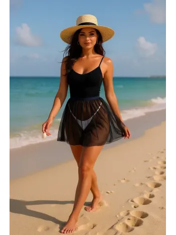 Kadın Siyah Tül Beli Lastikli Etek Görünümlü Pareo – Modern Ve Şık Tasarım