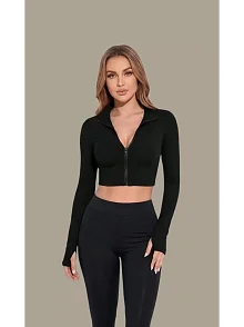Kadın Siyah Uzun Kol Fermuarlı Parmak Geçme Detaylı Dik Yaka Crop Top Bluz