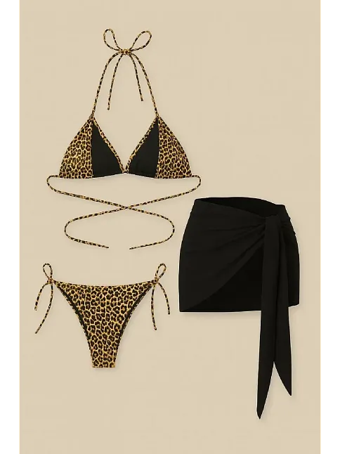 Kadın Siyah Ve Leopar Desenli Pareolu 3'lü Bikini Takımı – Modern, Konforlu Ve Günlük Kombinlere Uygun