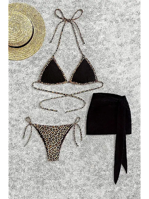 Kadın Siyah Ve Leopar Desenli Pareolu 3'lü Bikini Takımı – Modern, Konforlu Ve Günlük Kombinlere Uygun