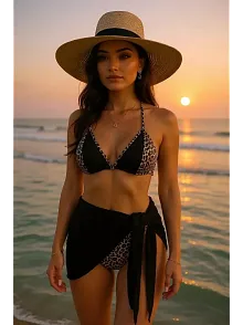 Kadın Siyah Ve Leopar Desenli Pareolu 3'lü Bikini Takımı – Modern, Konforlu Ve Günlük Kombinlere Uygun