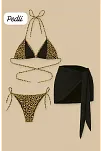 Kadın Siyah Ve Leopar Desenli Pareolu 3'lü Bikini Takımı – Modern, Konforlu Ve Günlük Kombinlere Uygun