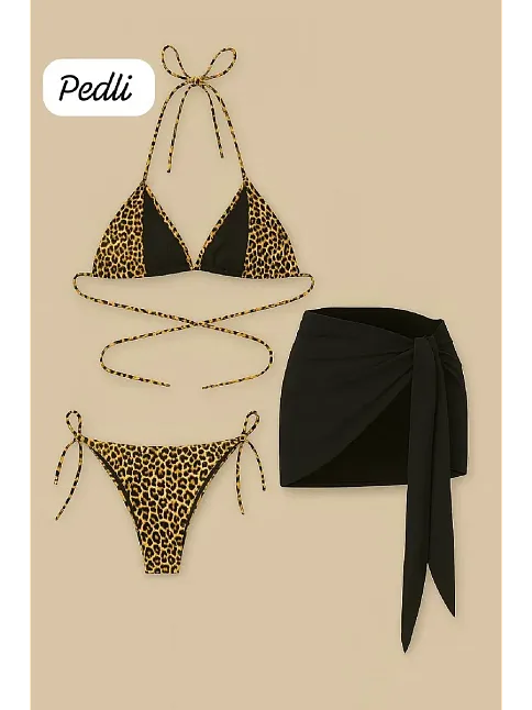 Kadın Siyah Ve Leopar Desenli Pareolu 3'lü Bikini Takımı – Modern, Konforlu Ve Günlük Kombinlere Uygun