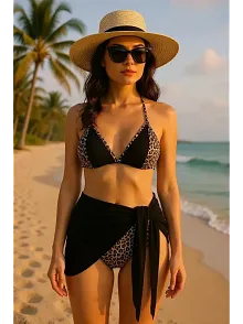 Kadın Siyah Ve Leopar Desenli Pareolu 3'lü Bikini Takımı – Modern, Konforlu Ve Günlük Kombinlere Uygun