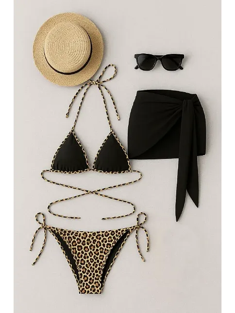 Kadın Siyah Ve Leopar Desenli Pareolu 3'lü Bikini Takımı – Modern, Konforlu Ve Günlük Kombinlere Uygun