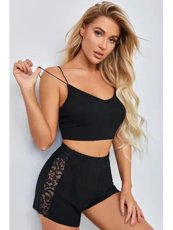 Kadın Siyah Yanları Ve Sırtı Dantel Detaylı Çift Sıra İnce Lastikli Şortlu Gecelik Takım