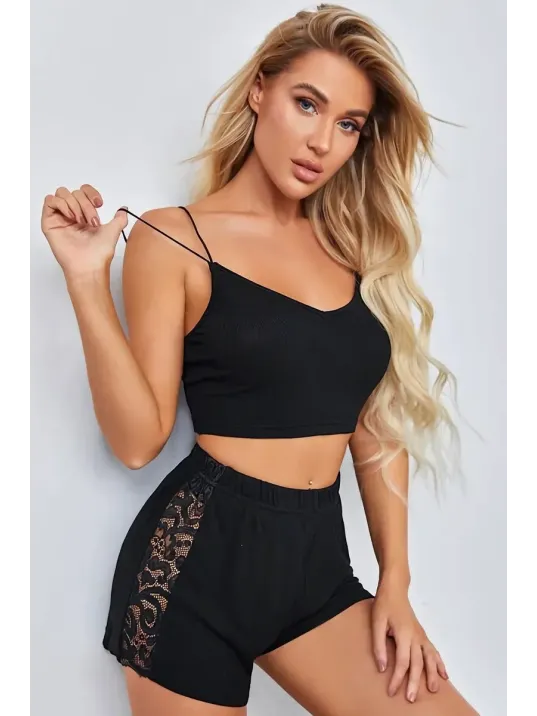 Kadın Siyah Yanları Ve Sırtı Dantel Detaylı Çift Sıra İnce Lastikli Şortlu Gecelik Takım