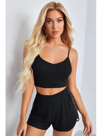 Kadın Siyah Yanları Ve Sırtı Dantel Detaylı Çift Sıra İnce Lastikli Şortlu Gecelik Takım
