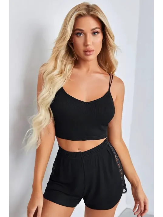 Kadın Siyah Yanları Ve Sırtı Dantel Detaylı Çift Sıra İnce Lastikli Şortlu Gecelik Takım