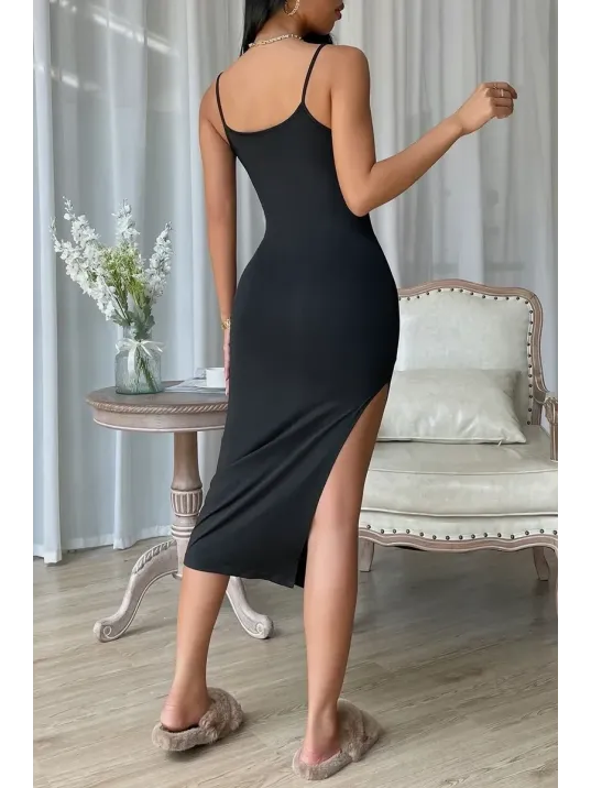 Kadın Siyah Yırtmaçlı Diz Altı Vücüdu Saran Gecelik