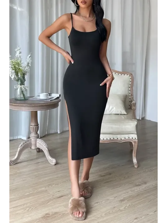 Kadın Siyah Yırtmaçlı Diz Altı Vücüdu Saran Gecelik