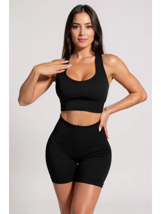 Kadın Siyah Yüksek Bel Çapraz Sırt Detaylı Şortlu Gecelik Takım – Modern, Konforlu Ve Günlük Kombinlere Uygun