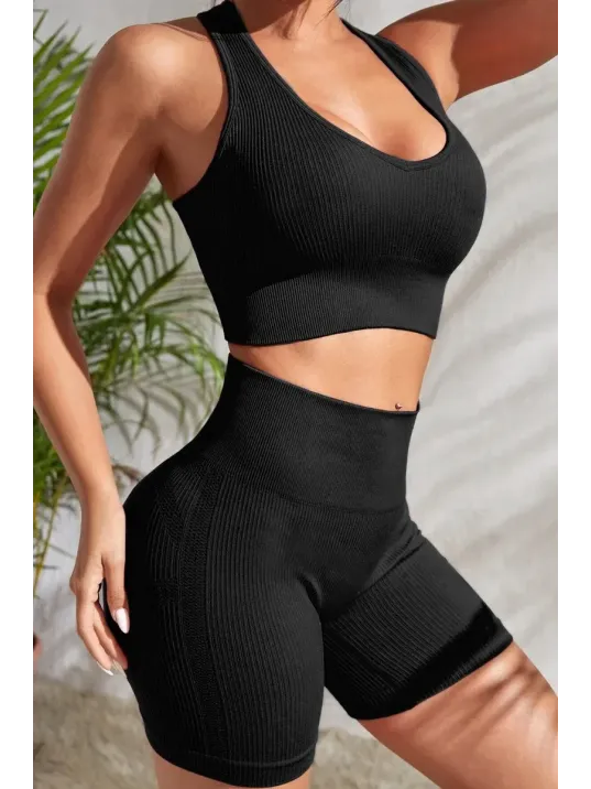 Kadın Siyah Yüksek Bel Çapraz Sırt Detaylı Şortlu Gecelik Takım – Modern, Konforlu Ve Günlük Kombinlere Uygun