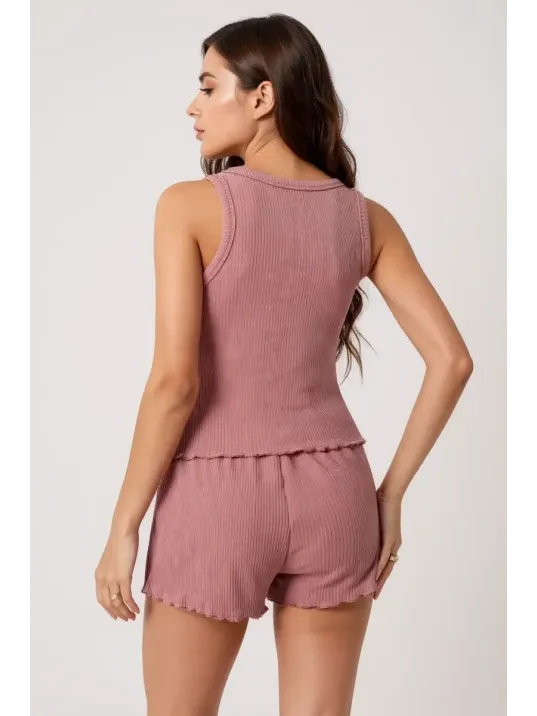 Kadın Tozlu Pembe Kenarları Fırfırlı Şortlu Kaşkorse Gecelik Takımı
