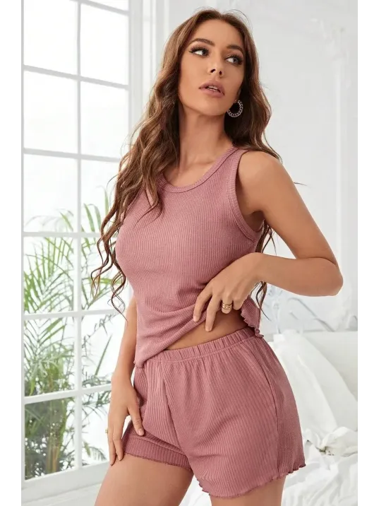 Kadın Tozlu Pembe Kenarları Fırfırlı Şortlu Kaşkorse Gecelik Takımı