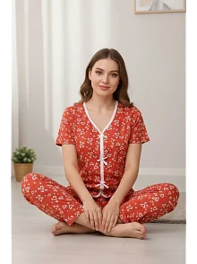 Kadın Turuncu Kalp Desenli Fiyonklu Kısa Kollu Uzun Pijama Takımı Kadın Turuncu Kalp Desenli Fiyonklu Kısa Kollu Uzun Pijama Takımı