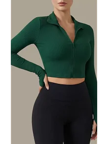 Kadın Yeşil Uzun Kol Fermuarlı Parmak Geçme Detaylı Dik Yaka Crop Top Bluz