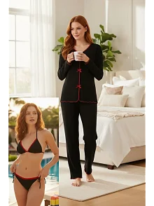 Premium Kadın 4’lü Fitilli Set – Siyah Kırmızı Biyeli (pijama Üst, Pantolon, Bikini Takımı)