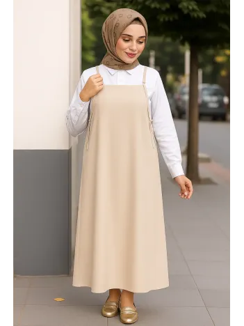 Kadın Taş Rengi Basic Ayarlanabilir Askılı Jile Elbise