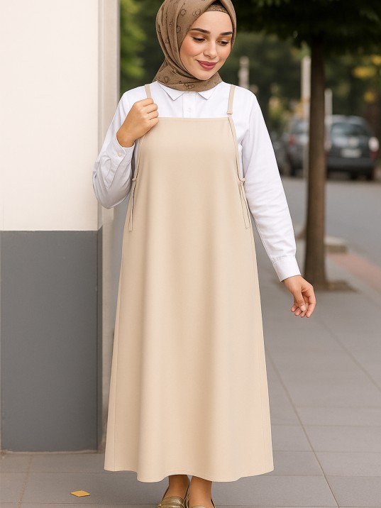 Kadın Taş Rengi Basic Ayarlanabilir Askılı Jile Elbise
