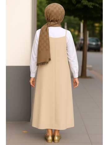 Kadın Taş Rengi Basic Ayarlanabilir Askılı Jile Elbise