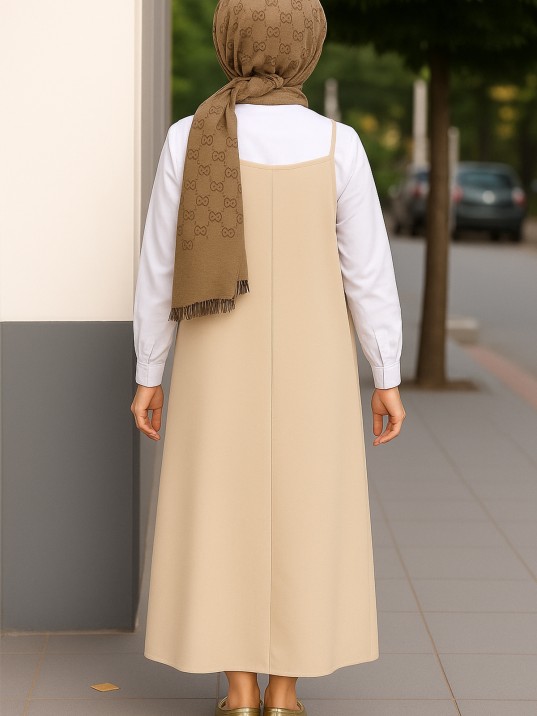 Kadın Taş Rengi Basic Ayarlanabilir Askılı Jile Elbise