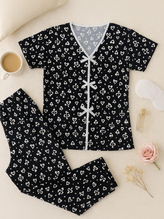 Kadın Siyah Beyaz Kalp Desenli Fiyonklu Kısa Kollu Pijama Takımı – Rahat, Şık ve 4 Mevsim Kullanım