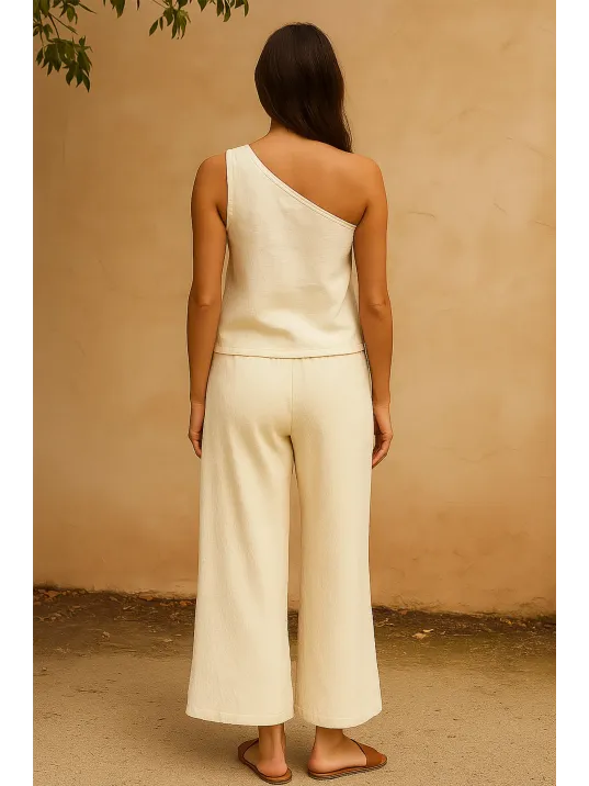 Kadın Beyaz Tek Omuzlu Şık Bluz & Geniş Paça Pantolon İkili Takım