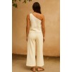 Kadın Beyaz Tek Omuzlu Şık Bluz & Geniş Paça Pantolon İkili Takım