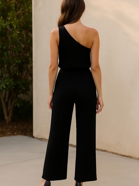 Kadın Siyah Tek Omuzlu Şık Bluz & Geniş Paça Pantolon İkili Takım – Modern, Konforlu ve Günlük Kombinlere Uygun